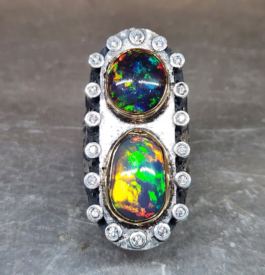 Opal & Moissanite Rustic Sterling Silver & Gold Ring #593