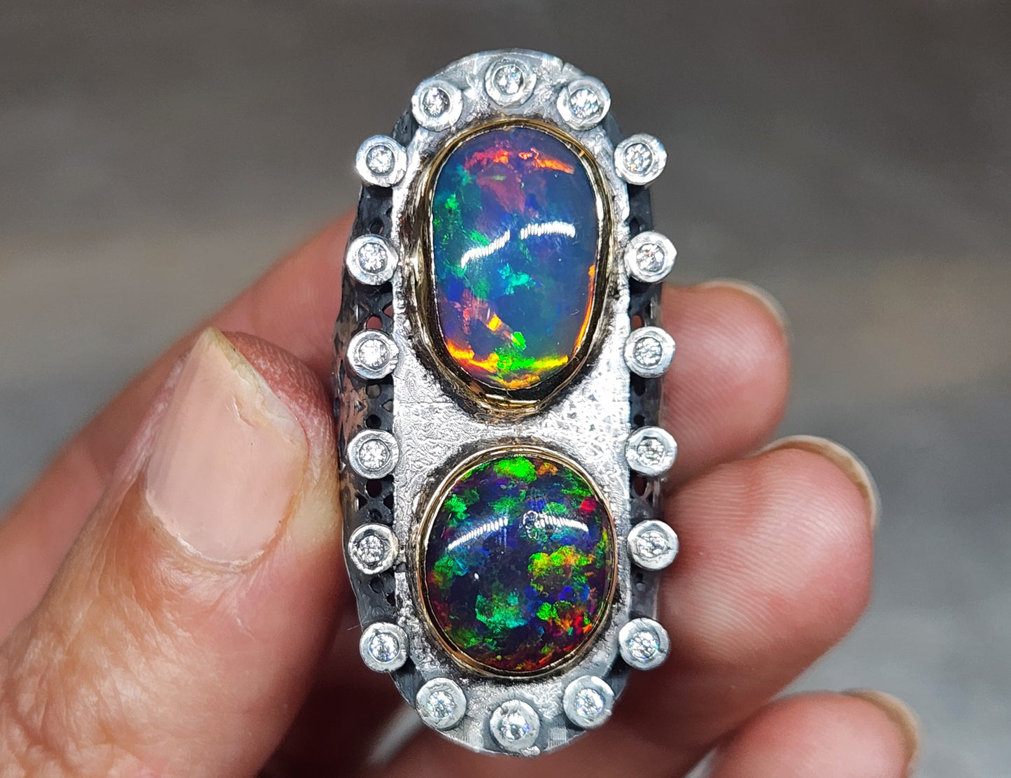 Opal & Moissanite Rustic Sterling Silver & Gold Ring #593