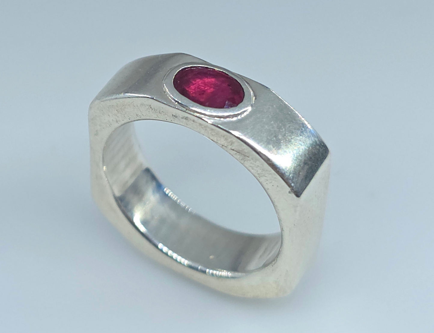 Sterling Silver Ruby Ring - Wide Solid Band - Unisex design #605