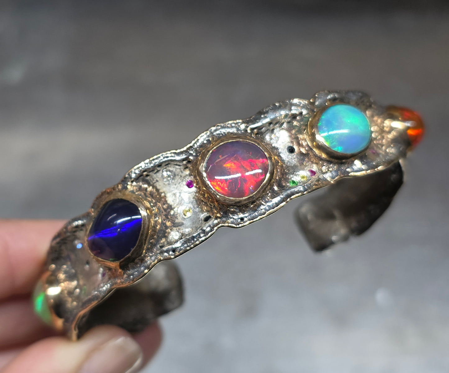 Rustic Silver & Gold Opal Gemstone Cuff Bracelet  - Large #613