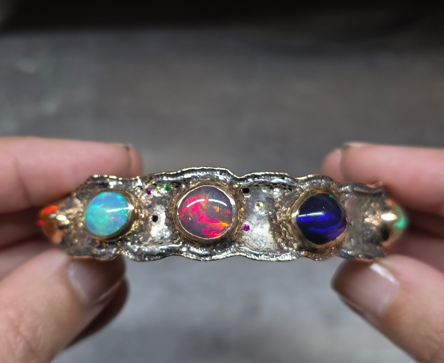 Rustic Silver & Gold Opal Gemstone Cuff Bracelet  - Large #613