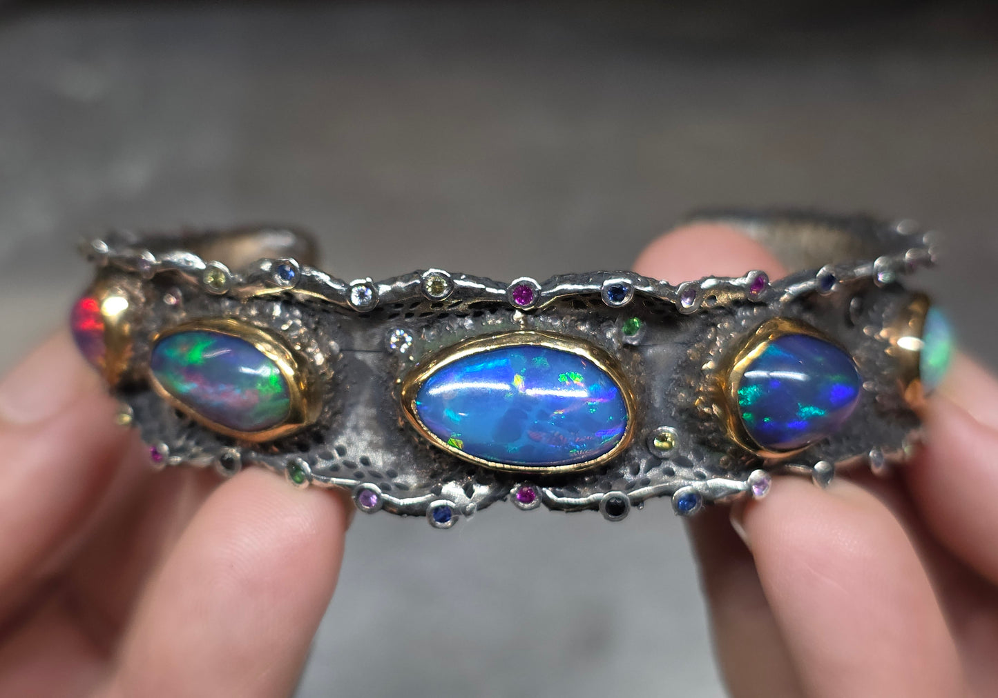 Rustic Silver & Gold Opal Gemstone Cuff Bracelet  - Large #614