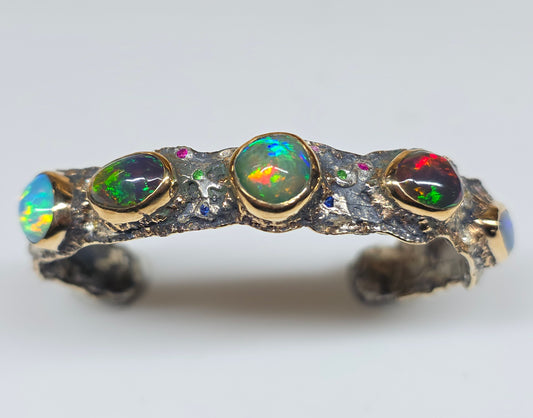 Rustic Silver & Gold Opal Gemstone Cuff Bracelet  - Small #610