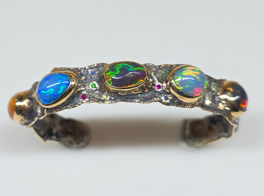Rustic Silver & Gold Opal Gemstone Cuff Bracelet  - Small #611