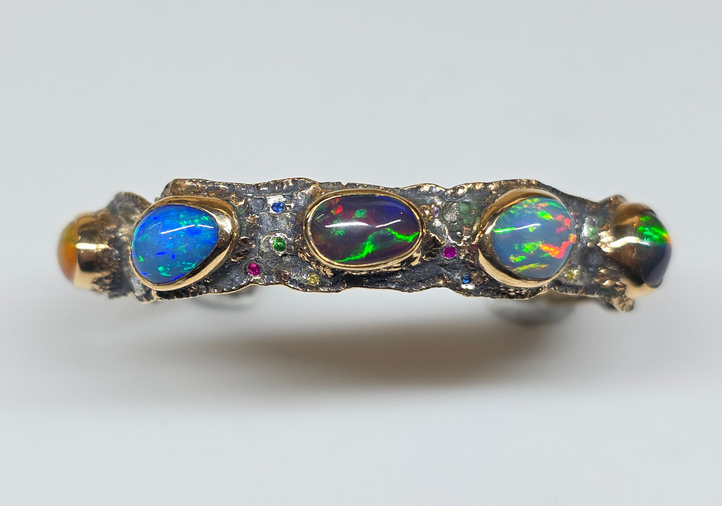 Rustic Silver & Gold Opal Gemstone Cuff Bracelet  - Small #611