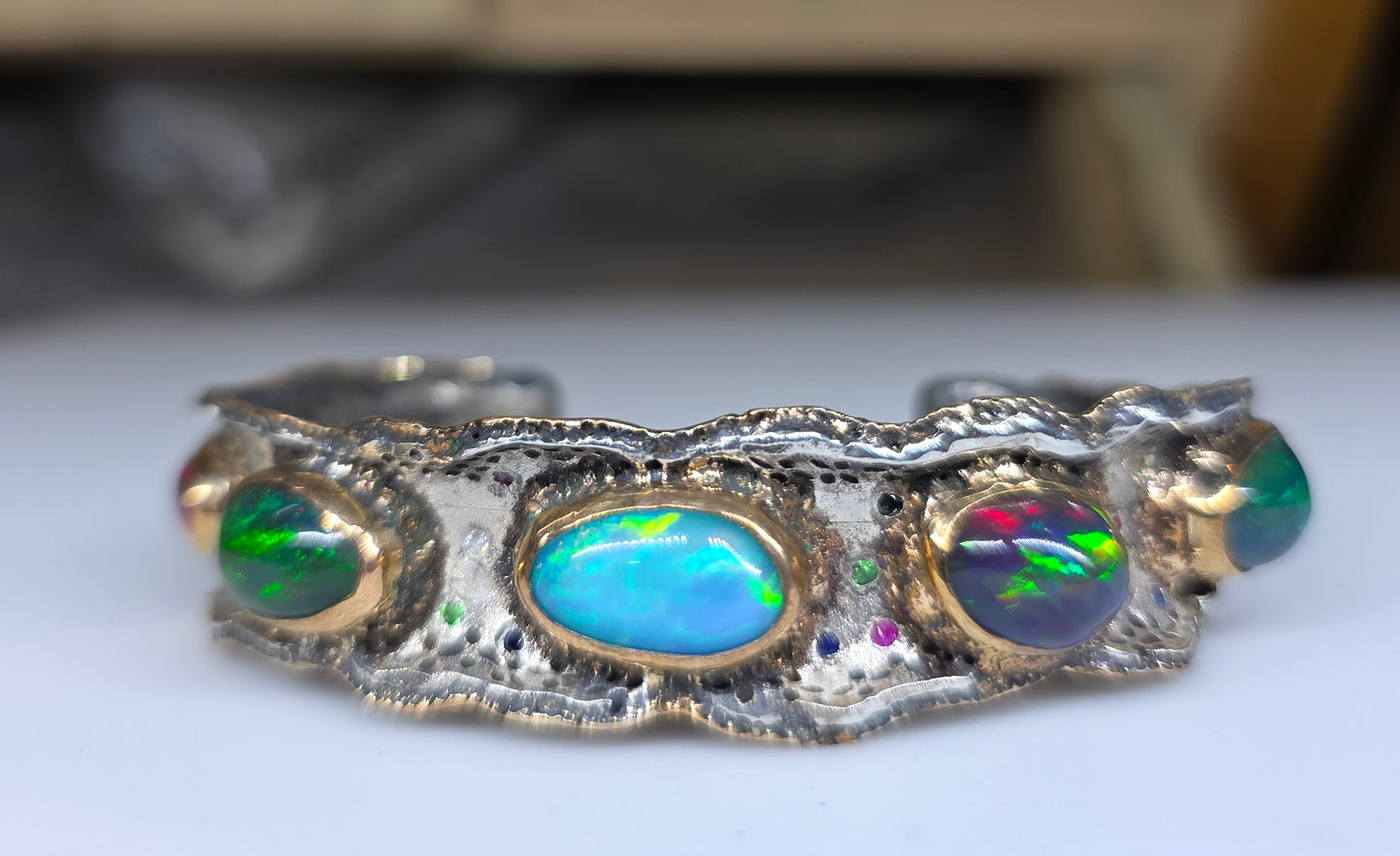Rustic Silver & Gold Opal Gemstone Cuff Bracelet  - Large #612