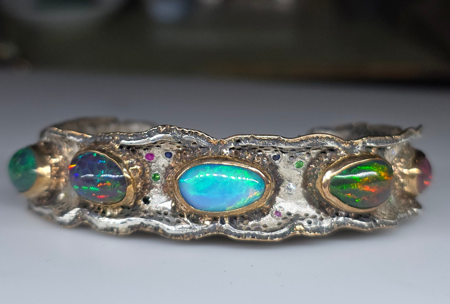 Rustic Silver & Gold Opal Gemstone Cuff Bracelet  - Large #612