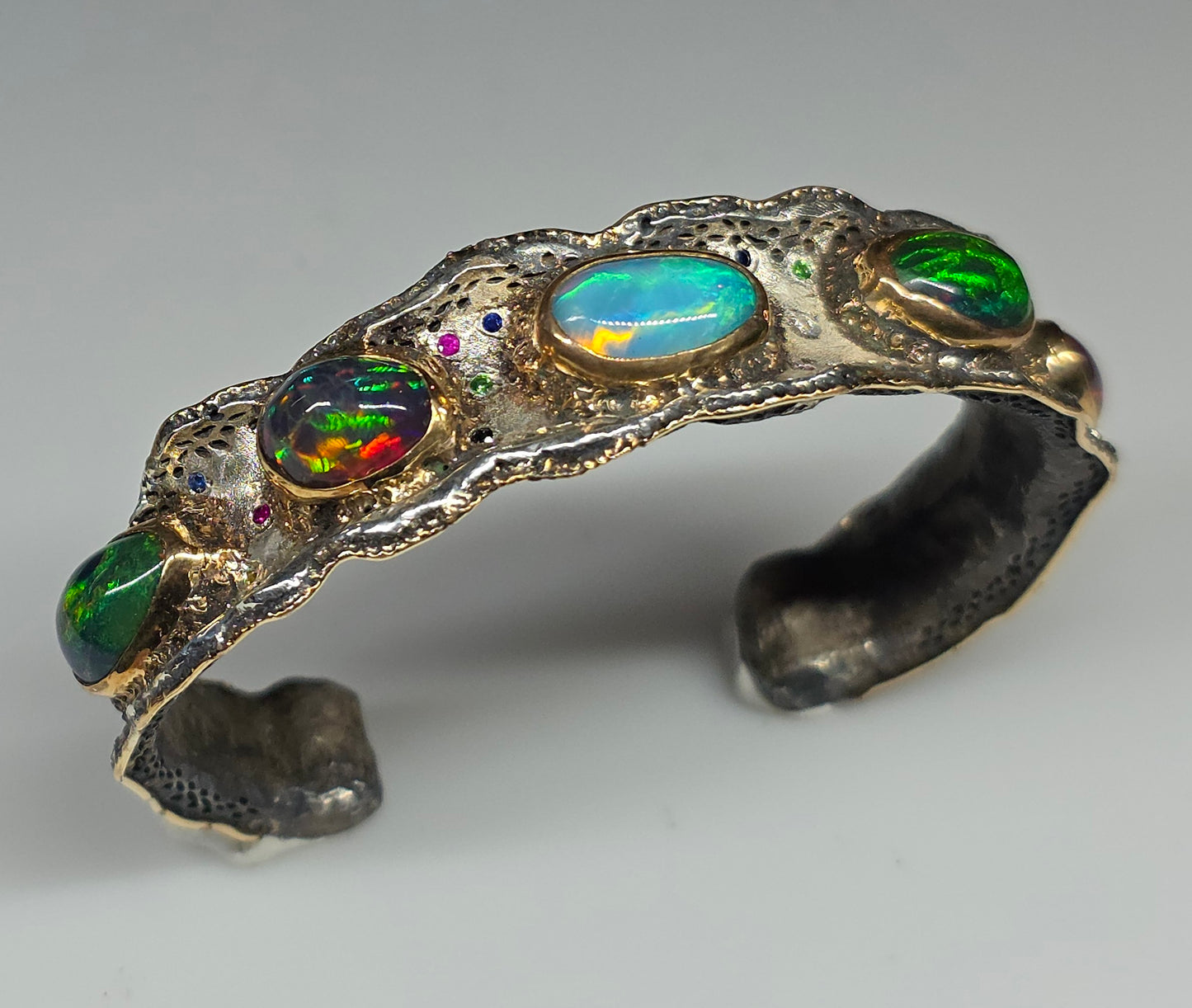 Rustic Silver & Gold Opal Gemstone Cuff Bracelet  - Large #612
