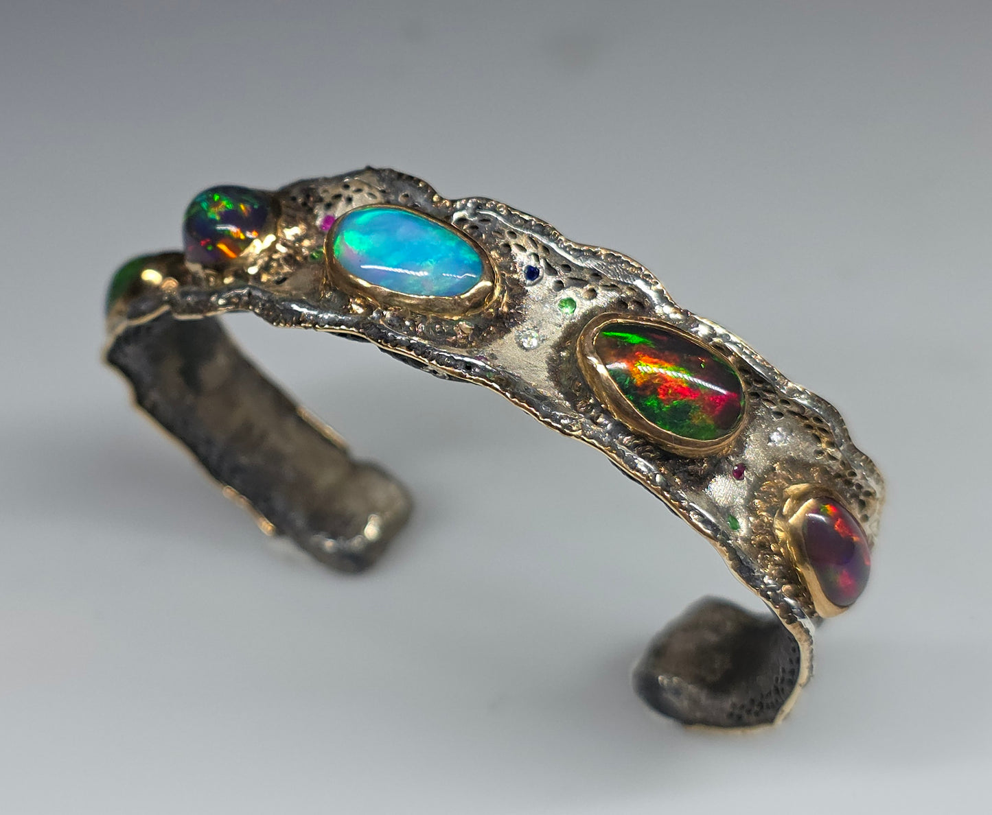 Rustic Silver & Gold Opal Gemstone Cuff Bracelet  - Large #612