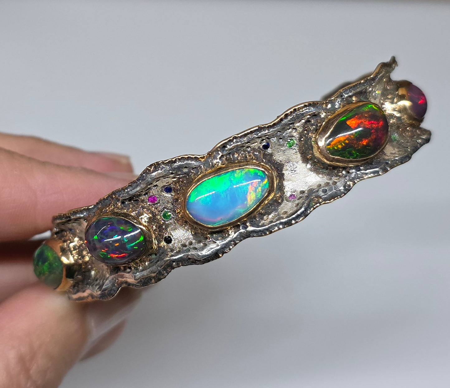 Rustic Silver & Gold Opal Gemstone Cuff Bracelet  - Large #612