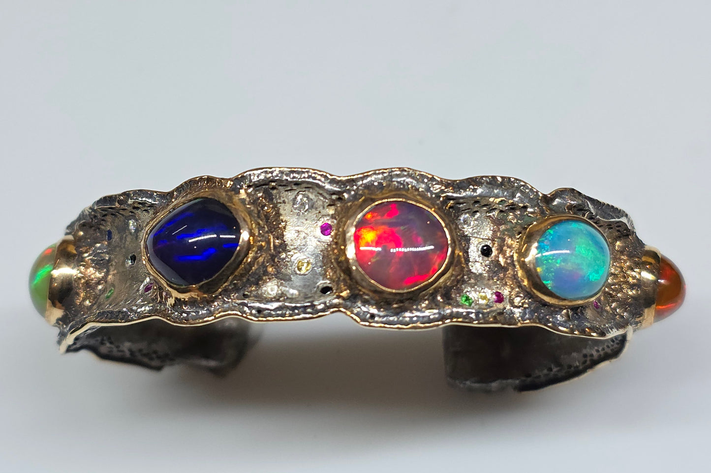 Rustic Silver & Gold Opal Gemstone Cuff Bracelet  - Large #613