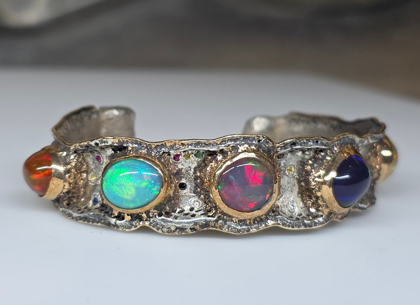 Rustic Silver & Gold Opal Gemstone Cuff Bracelet  - Large #613