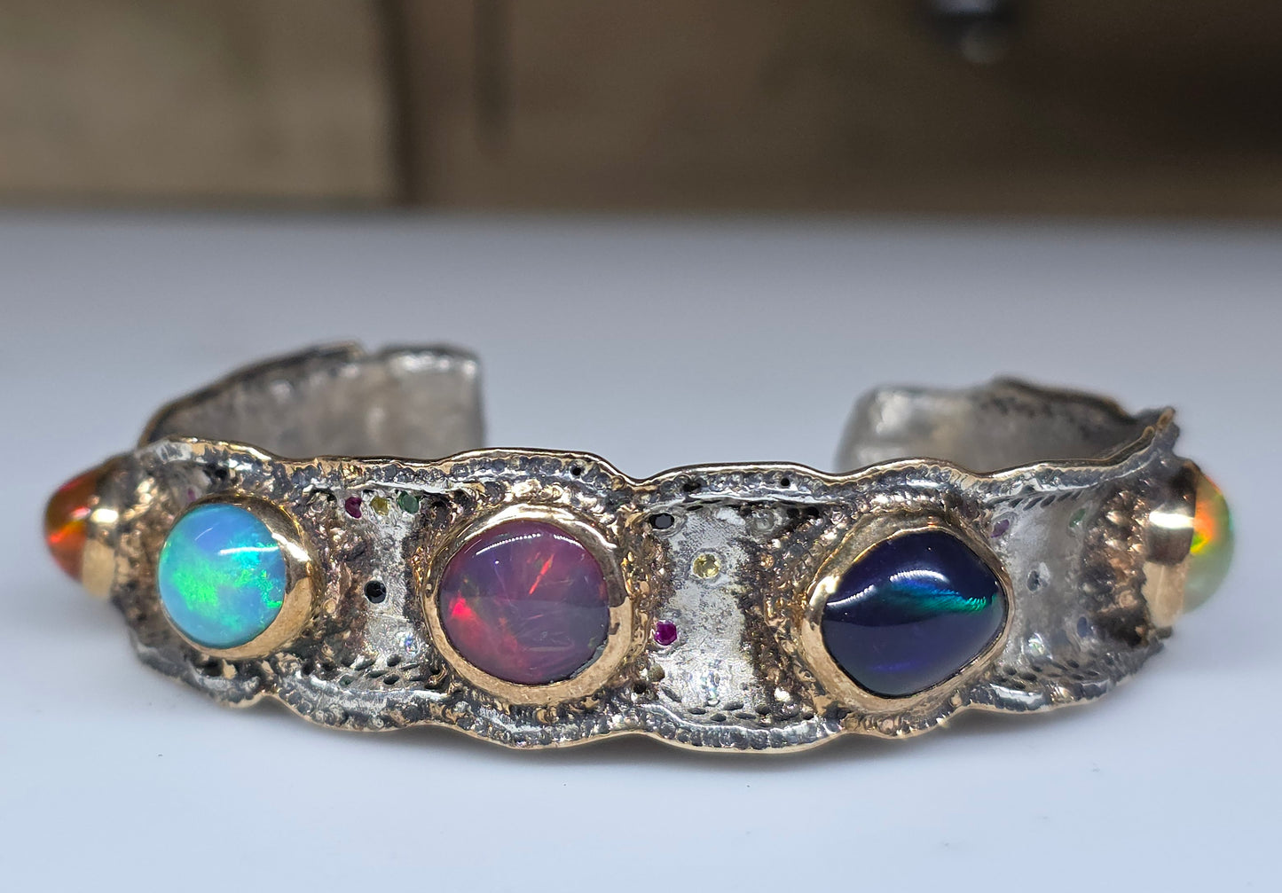 Rustic Silver & Gold Opal Gemstone Cuff Bracelet  - Large #613