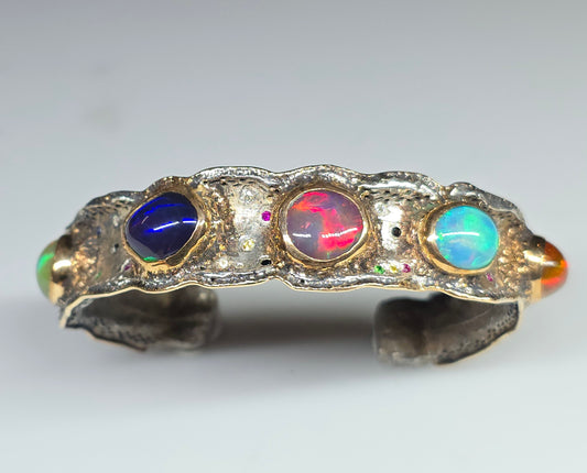 Rustic Silver & Gold Opal Gemstone Cuff Bracelet  - Large #613