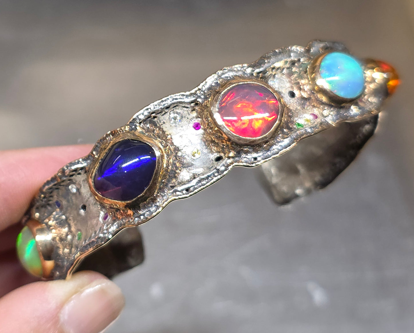 Rustic Silver & Gold Opal Gemstone Cuff Bracelet  - Large #613