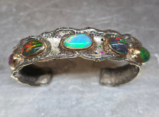 Rustic Silver & Gold Opal Gemstone Cuff Bracelet  - Large #612