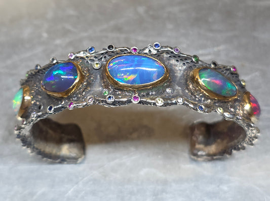 Rustic Silver & Gold Opal Gemstone Cuff Bracelet  - Large #614