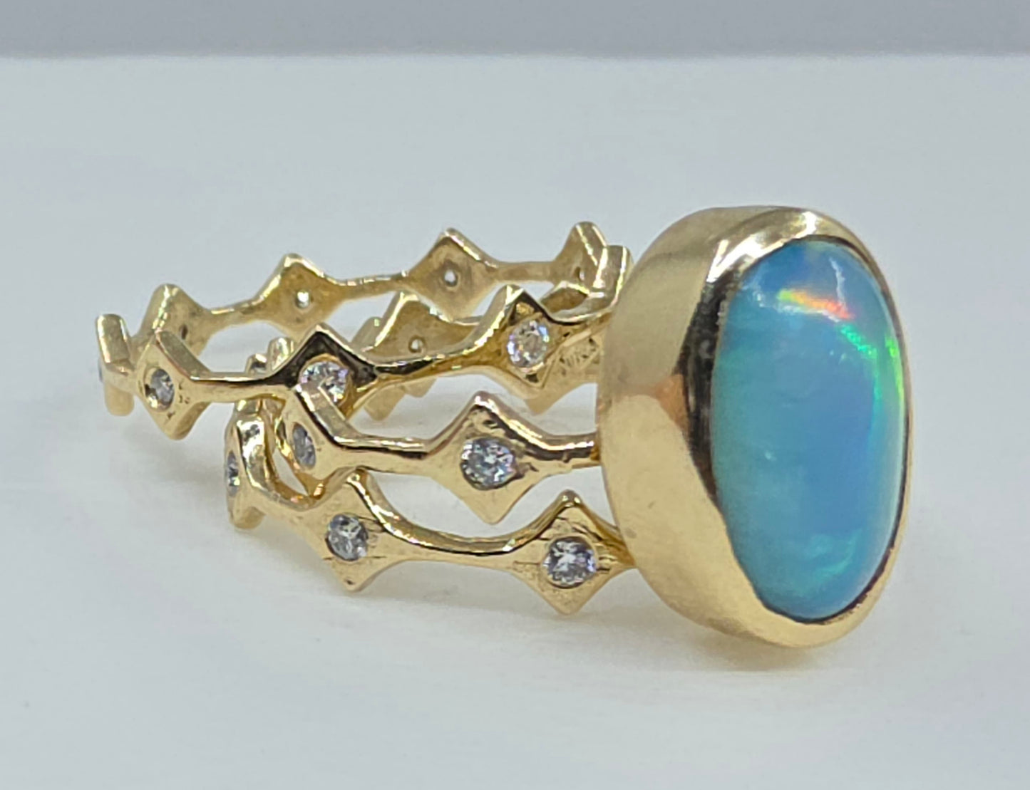 Blue Opal Stacking Ring 14k Yellow Gold - Handmade Jewelry #637