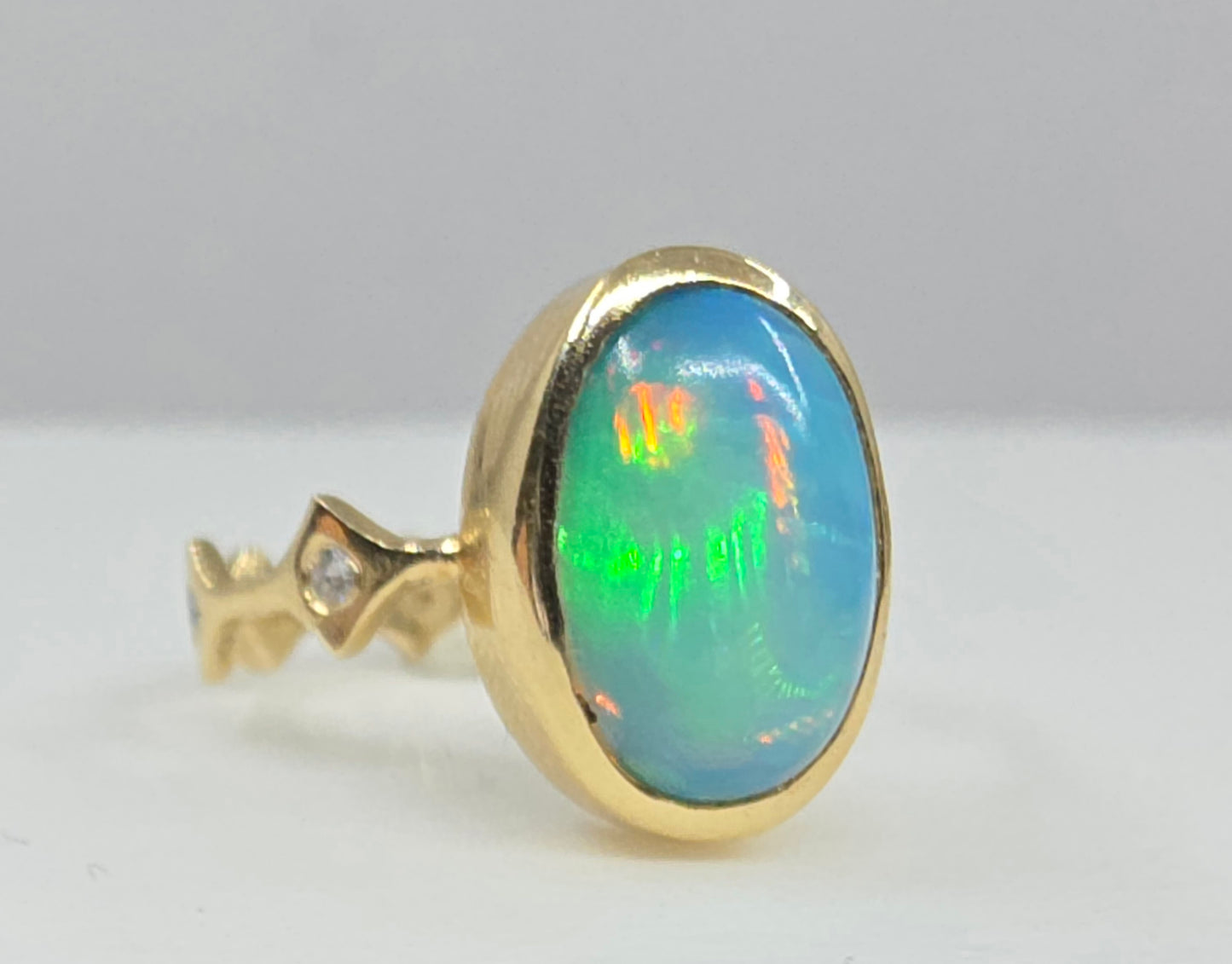 Blue Opal Stacking Ring 14k Yellow Gold - Handmade Jewelry #637