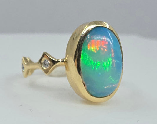 Blue Opal Stacking Ring 14k Yellow Gold - Handmade Jewelry #637