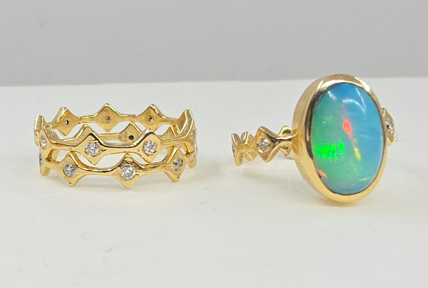 Blue Opal Stacking Ring 14k Yellow Gold - Handmade Jewelry #637