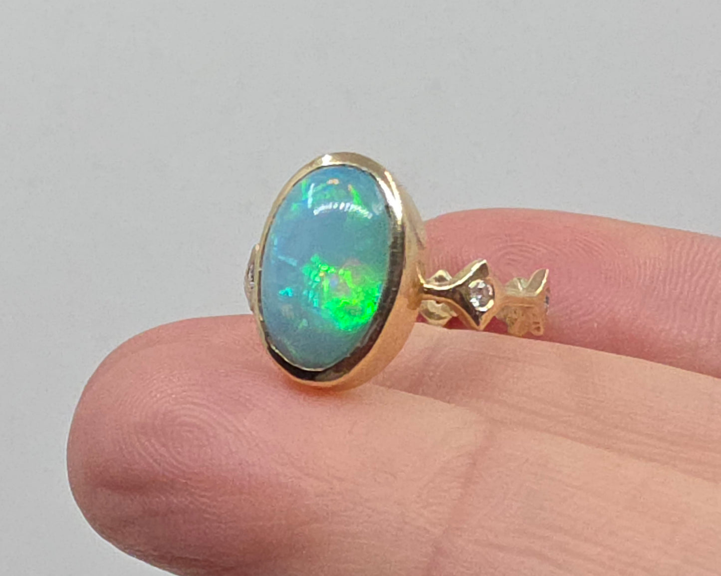 Blue Opal Stacking Ring 14k Yellow Gold - Handmade Jewelry #637