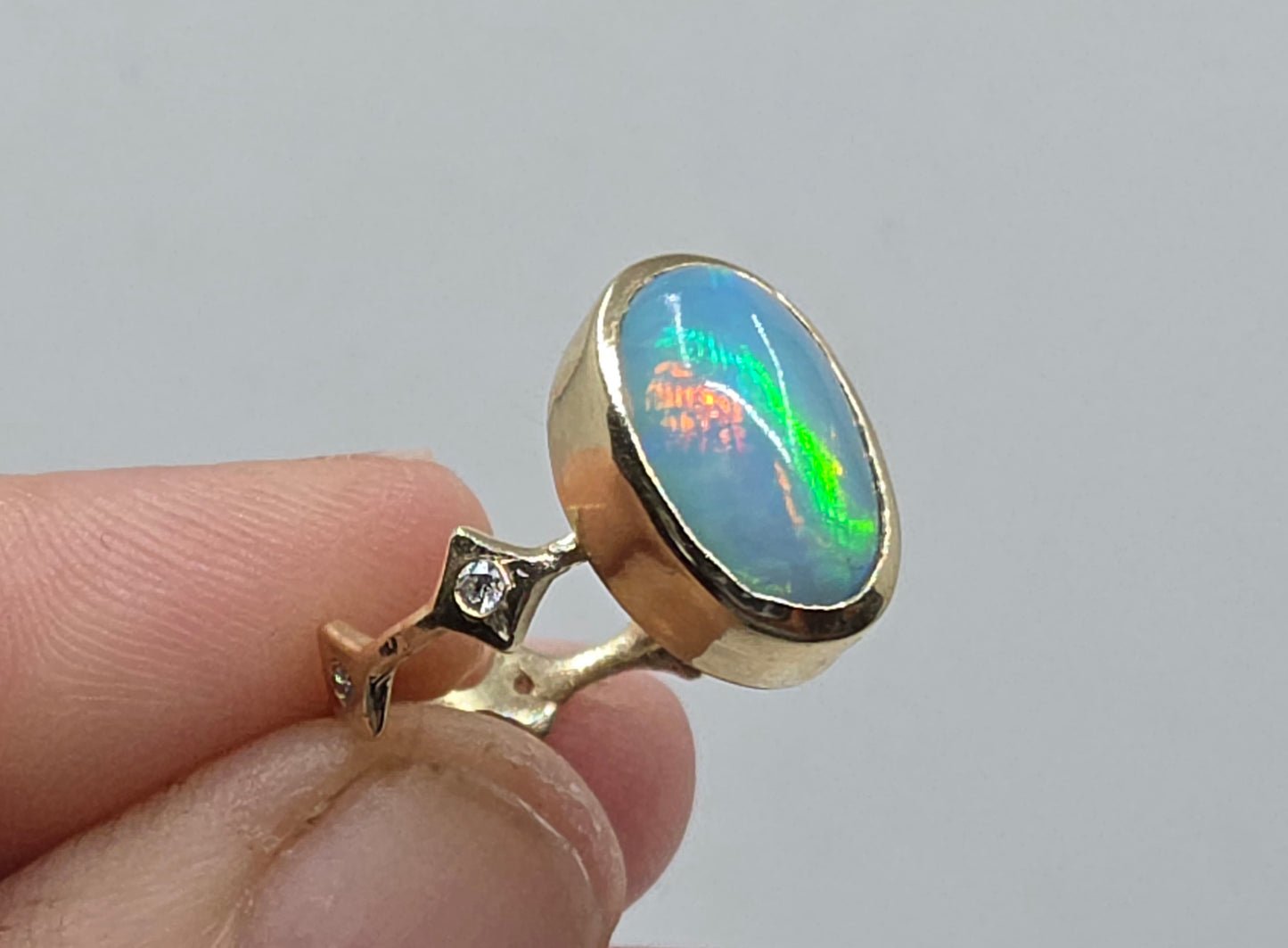Blue Opal Stacking Ring 14k Yellow Gold - Handmade Jewelry #637