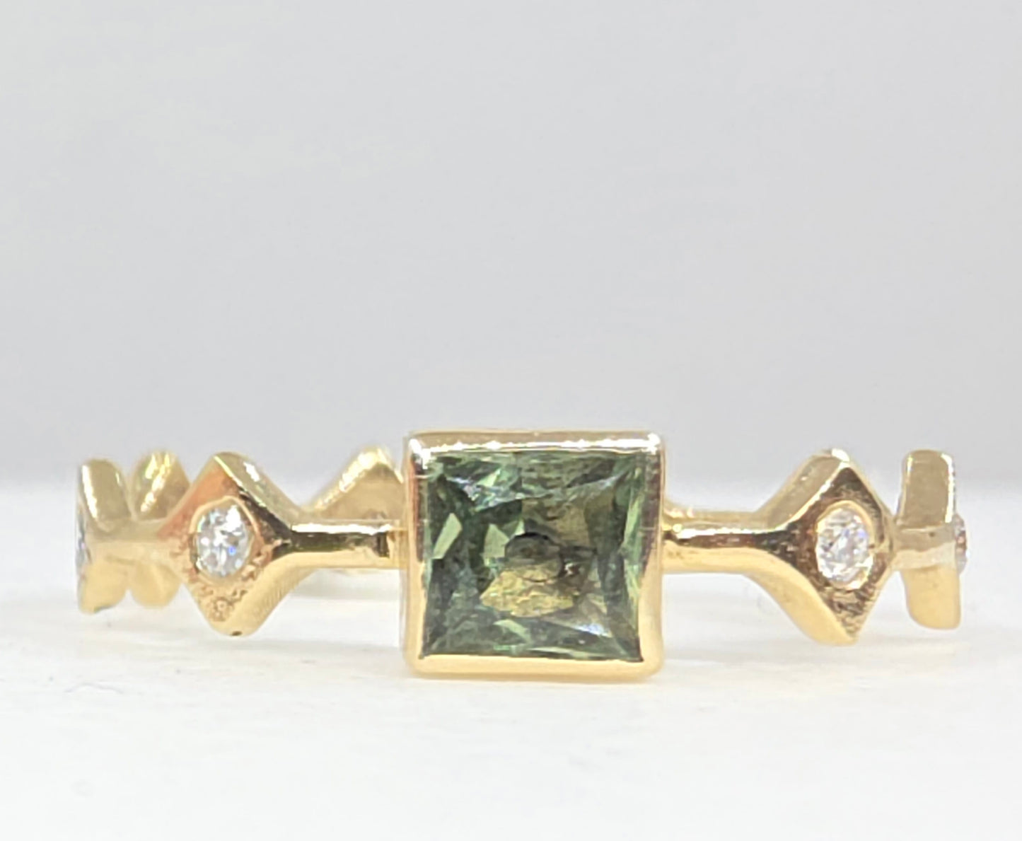 Green Sapphire Stacking Ring 14k Yellow Gold - Handmade Jewelry #642