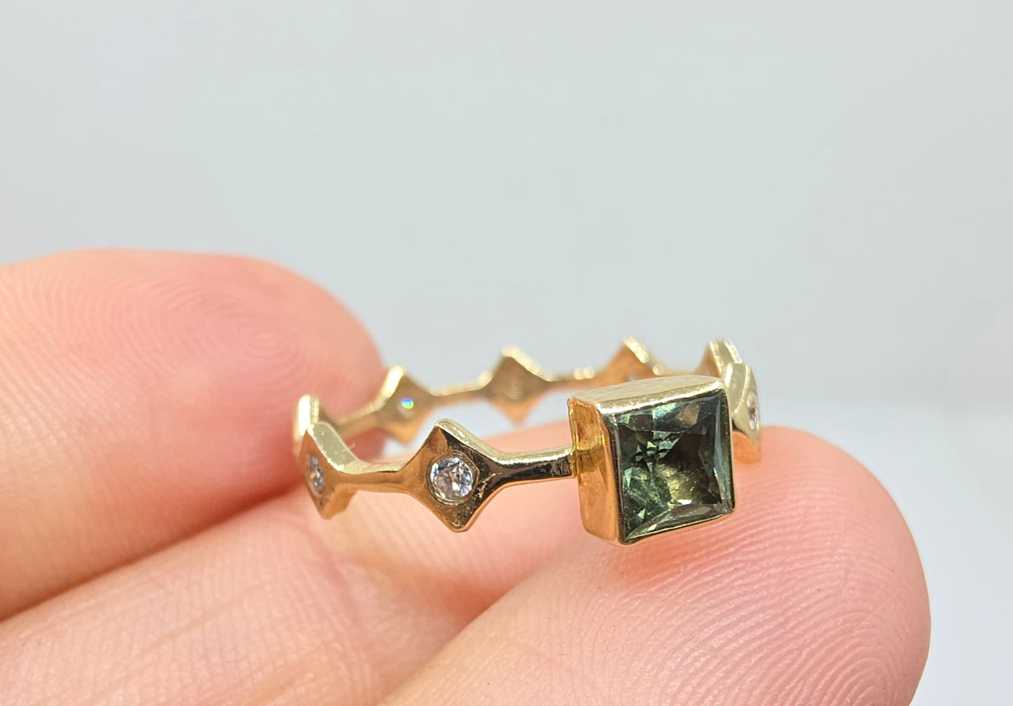 Green Sapphire Stacking Ring 14k Yellow Gold - Handmade Jewelry #642