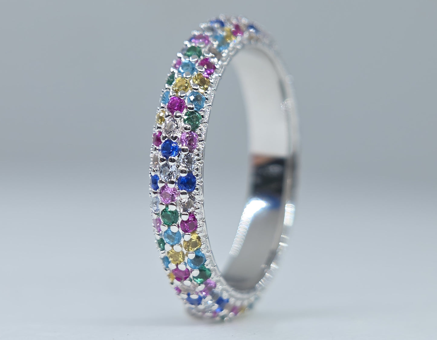 Multi-Color Gemstone Eternity Band Sterling Silver Ring #659