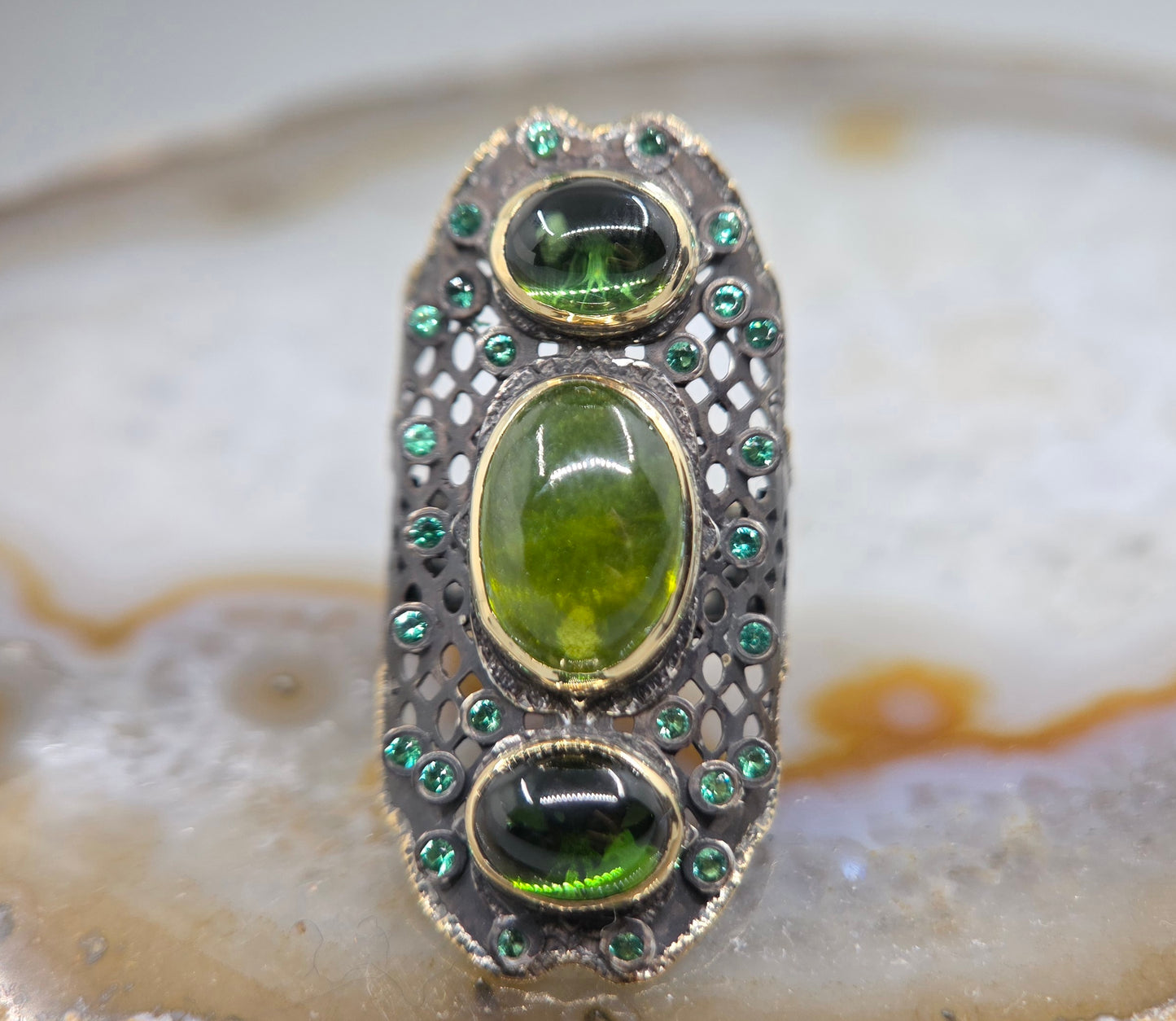 Green Gemstone Rustic Sterling Silver & Gold Ring #669