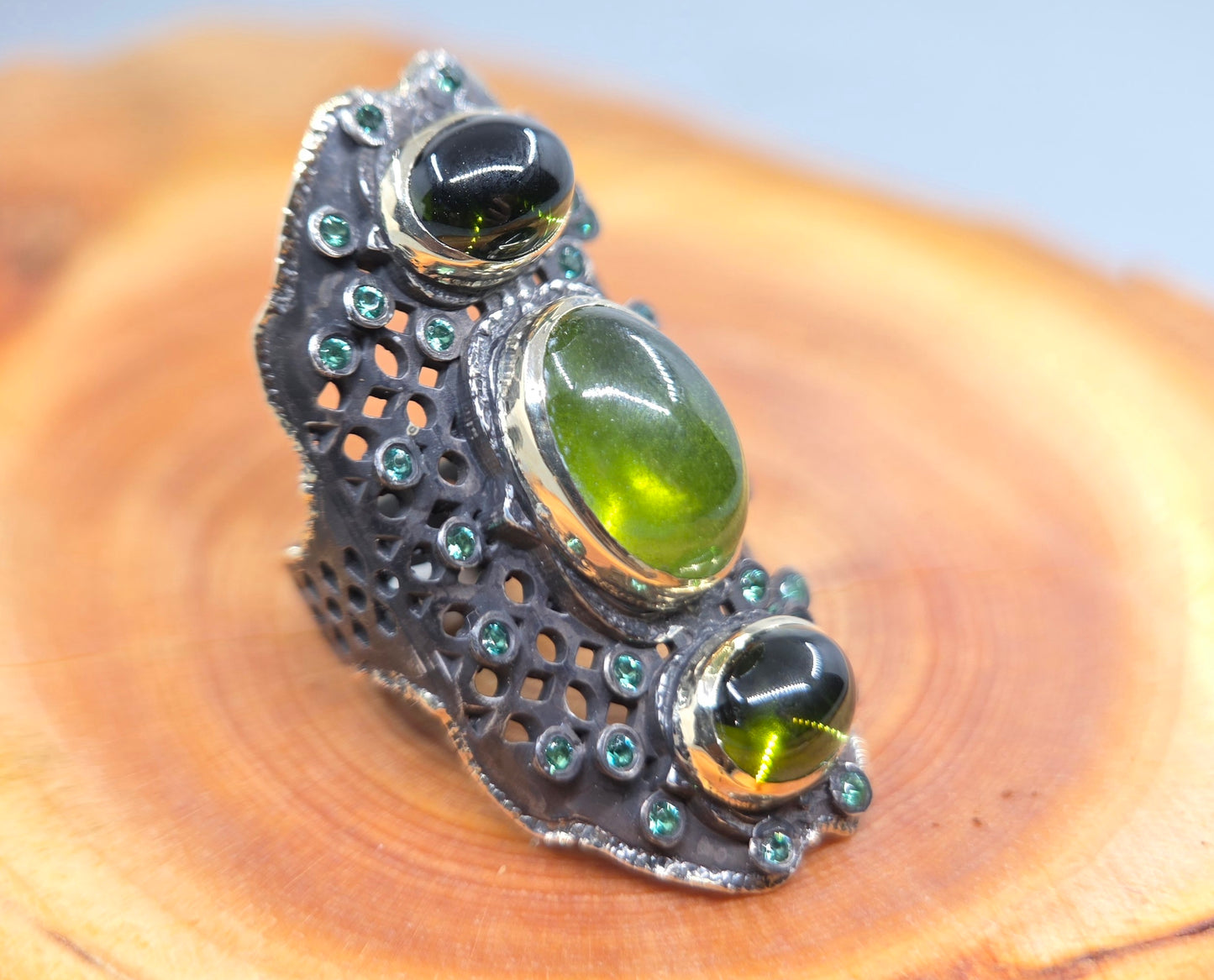 Green Gemstone Rustic Sterling Silver & Gold Ring #669