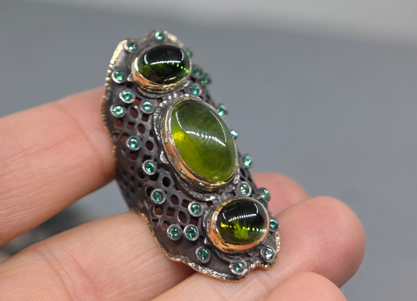 Green Gemstone Rustic Sterling Silver & Gold Ring #669