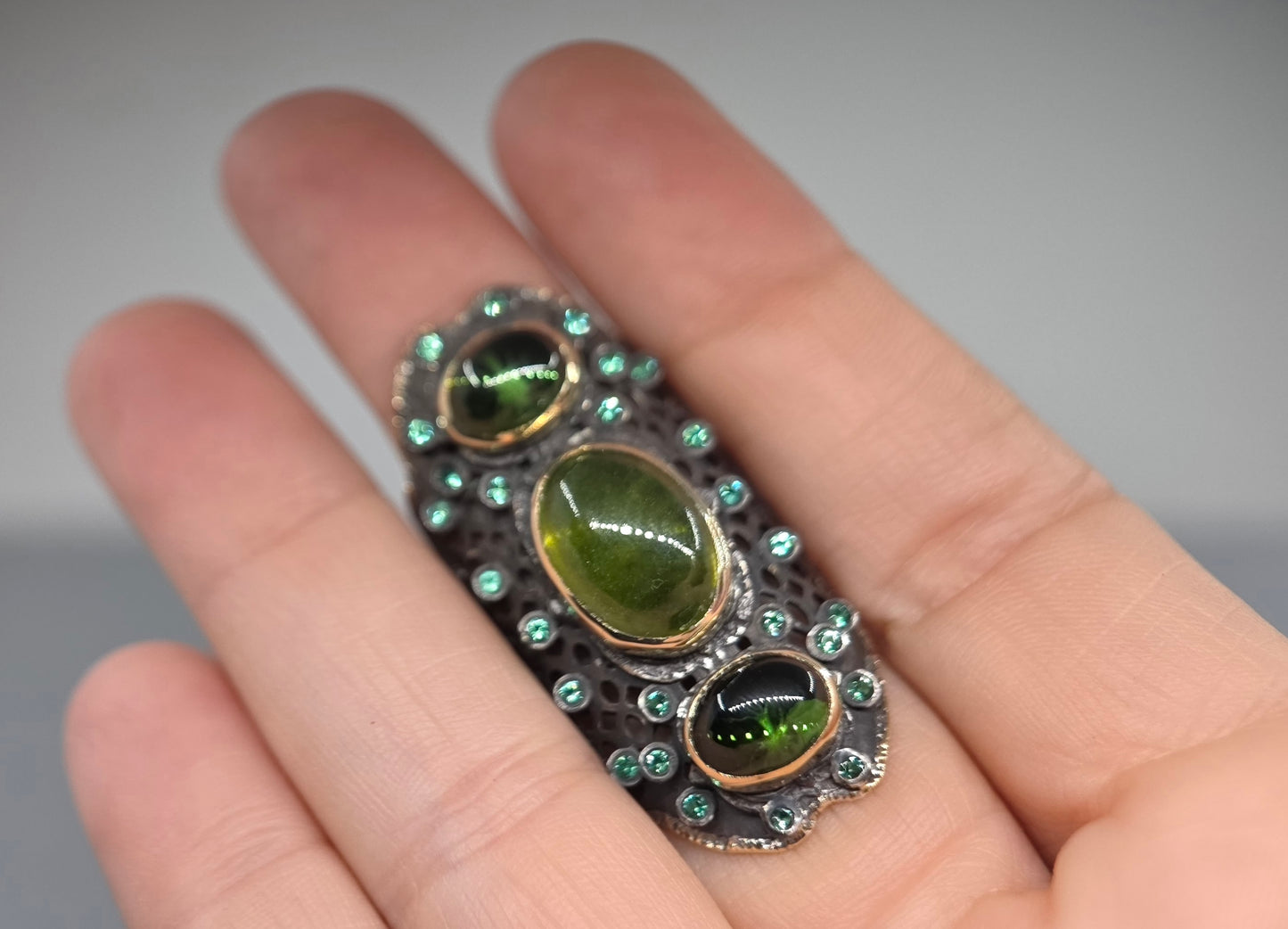 Green Gemstone Rustic Sterling Silver & Gold Ring #669
