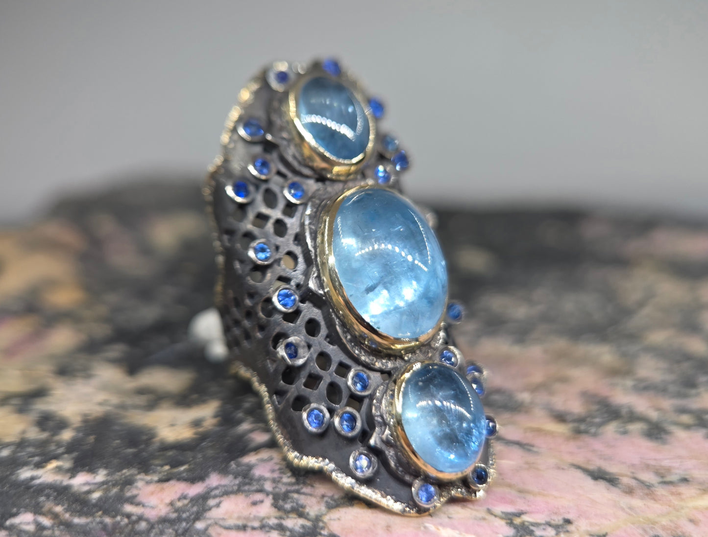 Aquamarine Blue Gemstone Rustic Sterling Silver & Gold Ring #670