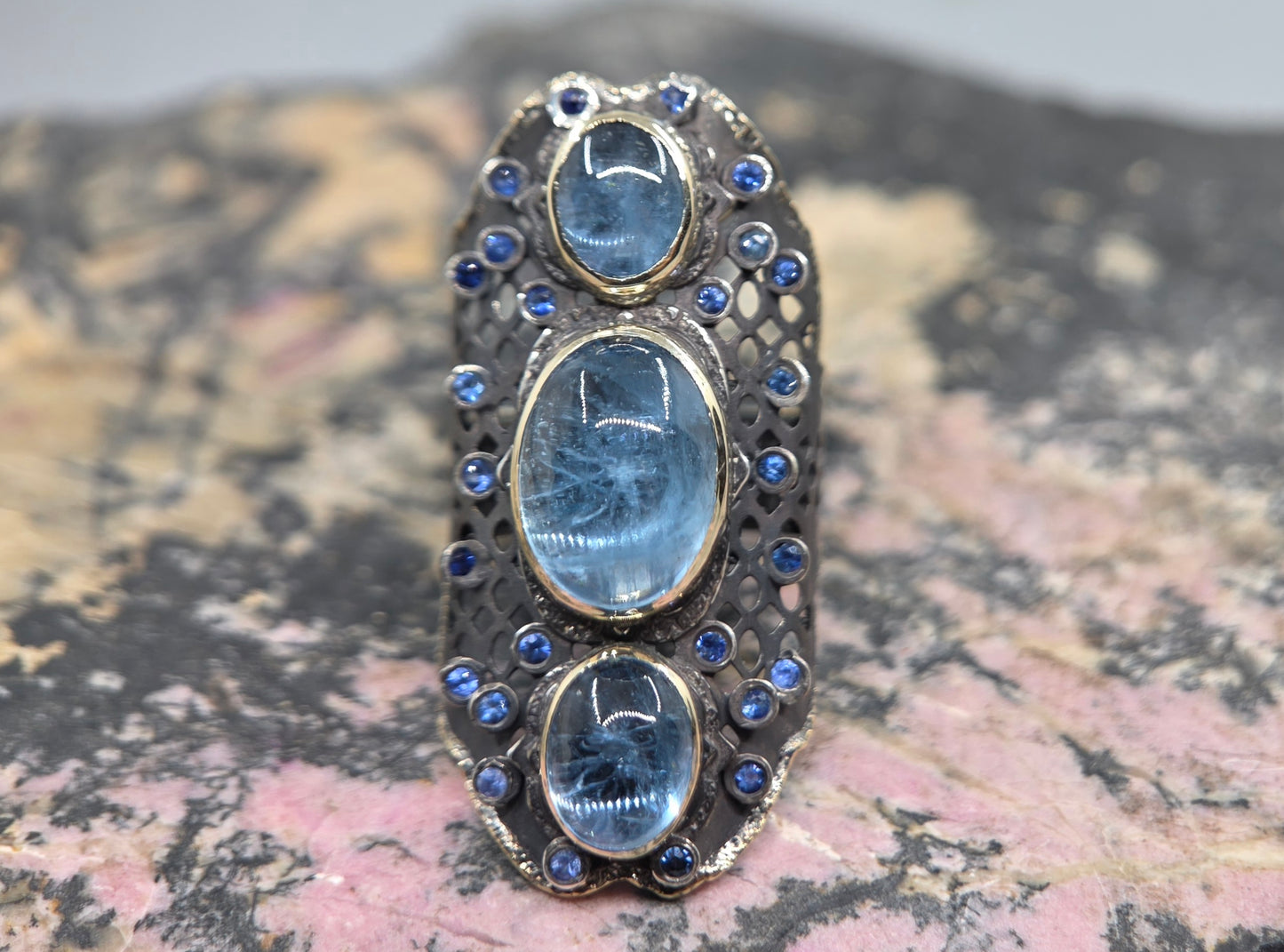 Aquamarine Blue Gemstone Rustic Sterling Silver & Gold Ring #670