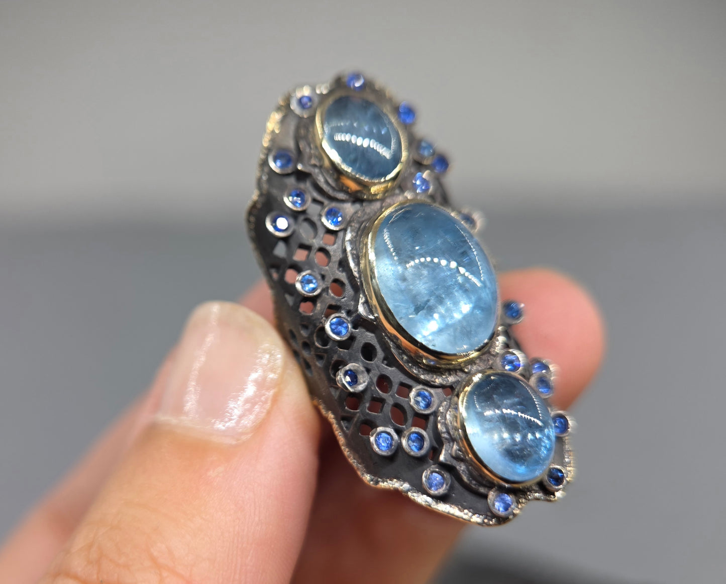 Aquamarine Blue Gemstone Rustic Sterling Silver & Gold Ring #670