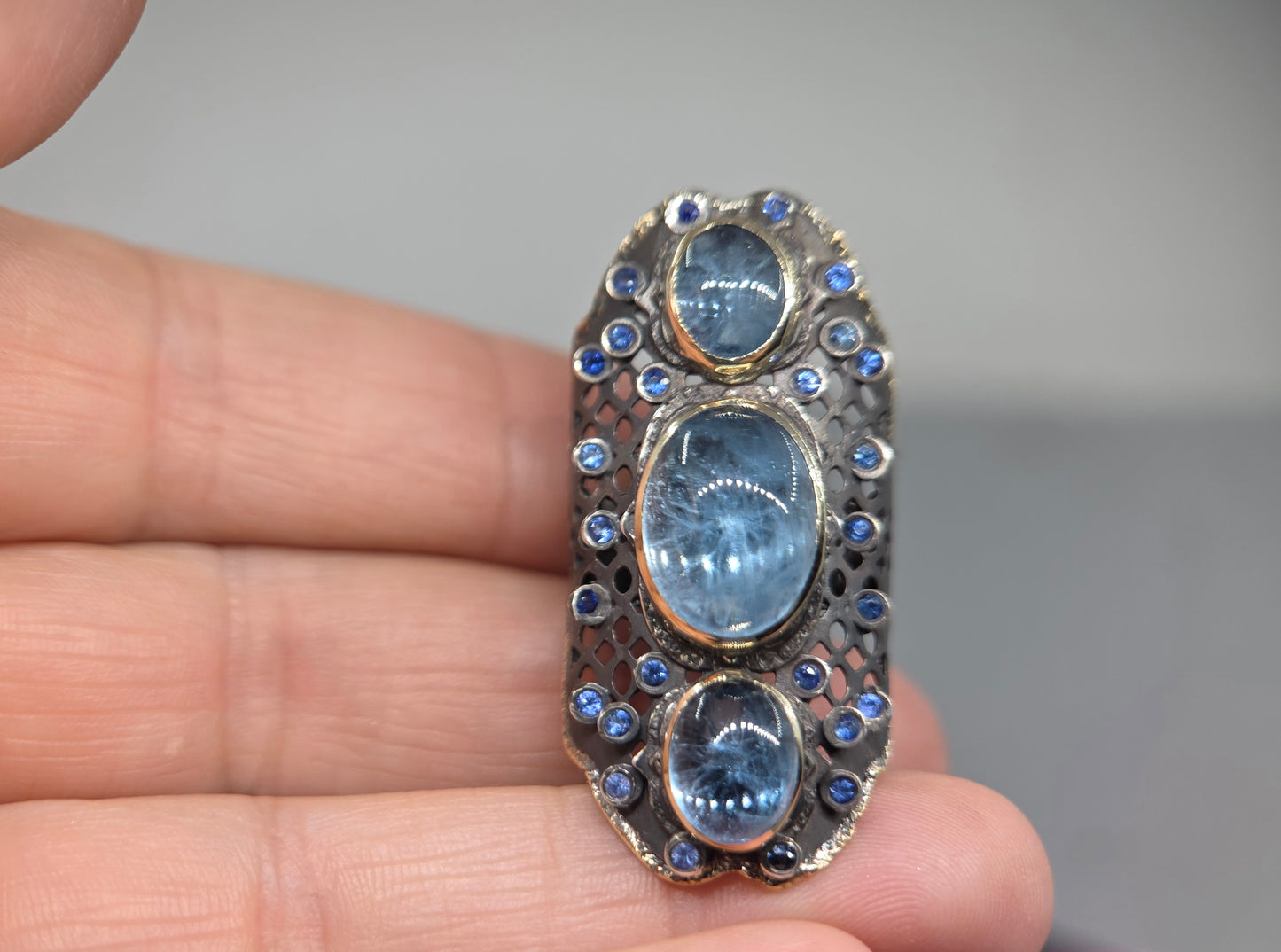 Aquamarine Blue Gemstone Rustic Sterling Silver & Gold Ring #670