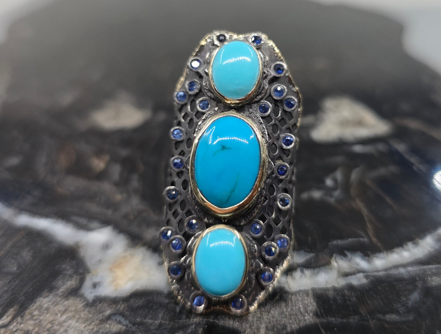 Turquoise Rustic Sterling Silver & Gold Ring #668