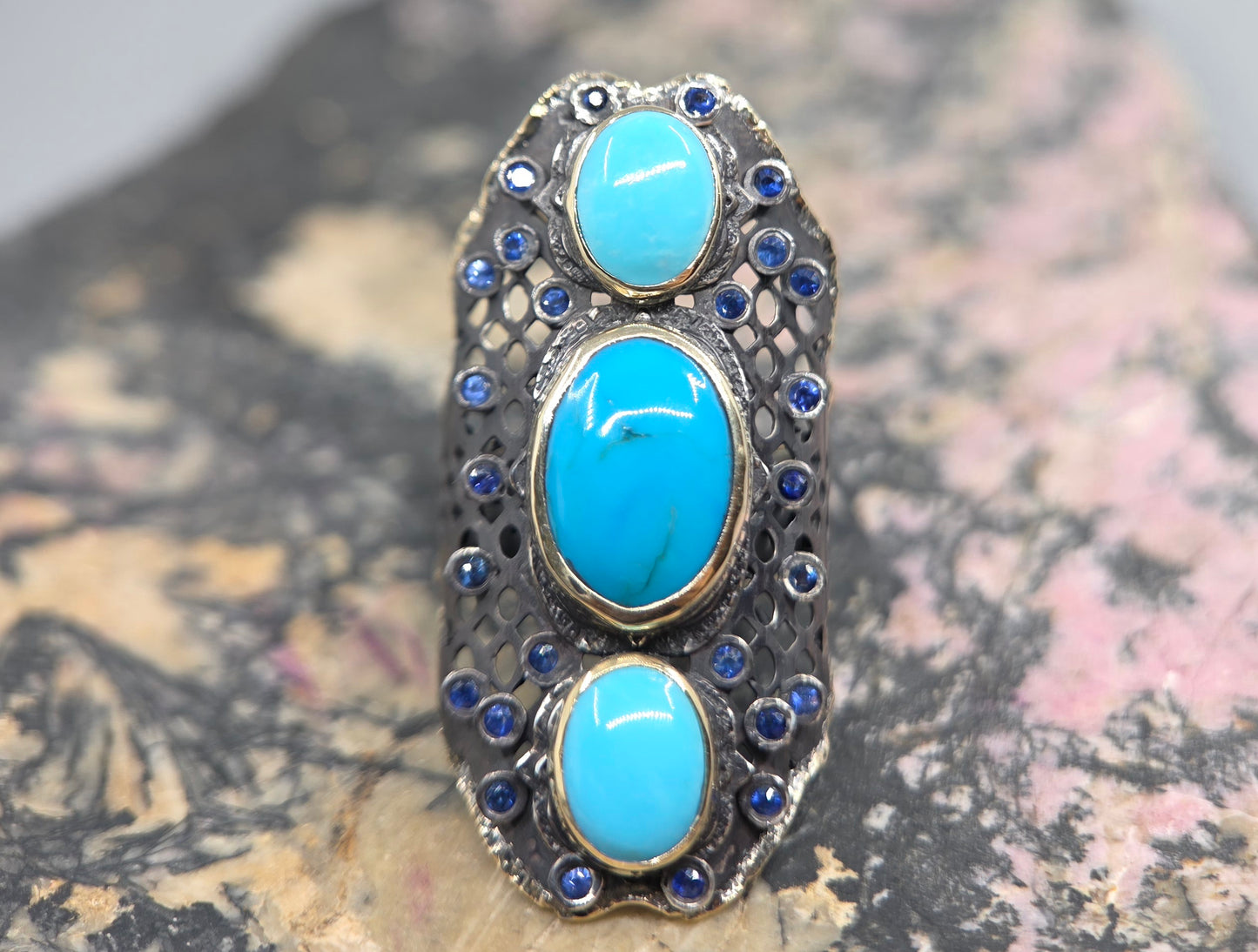 Turquoise Rustic Sterling Silver & Gold Ring #668
