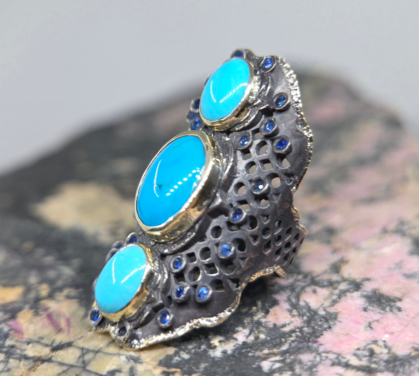 Turquoise Rustic Sterling Silver & Gold Ring #668