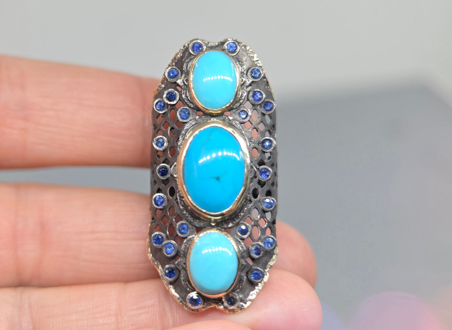 Turquoise Rustic Sterling Silver & Gold Ring #668