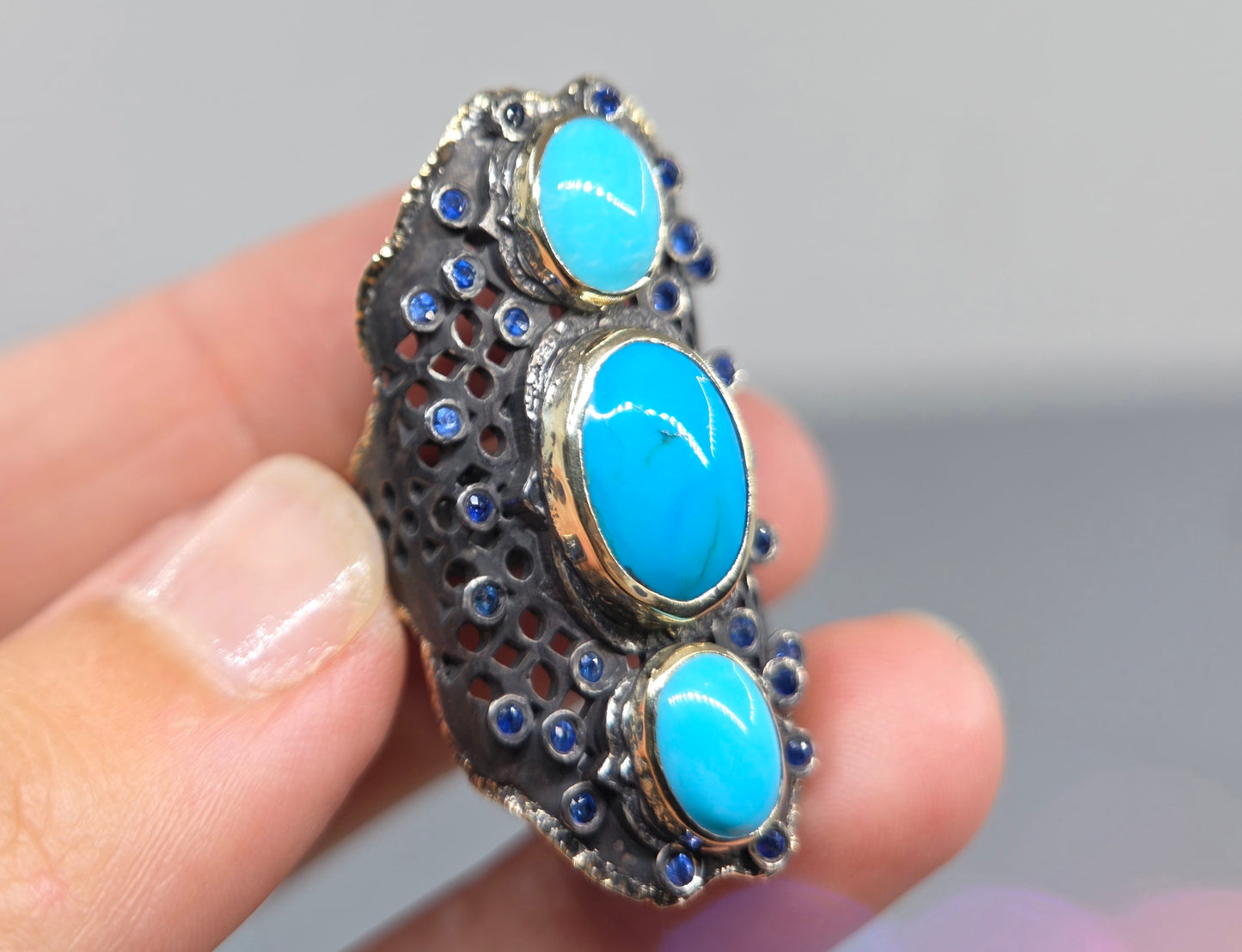 Turquoise Rustic Sterling Silver & Gold Ring #668