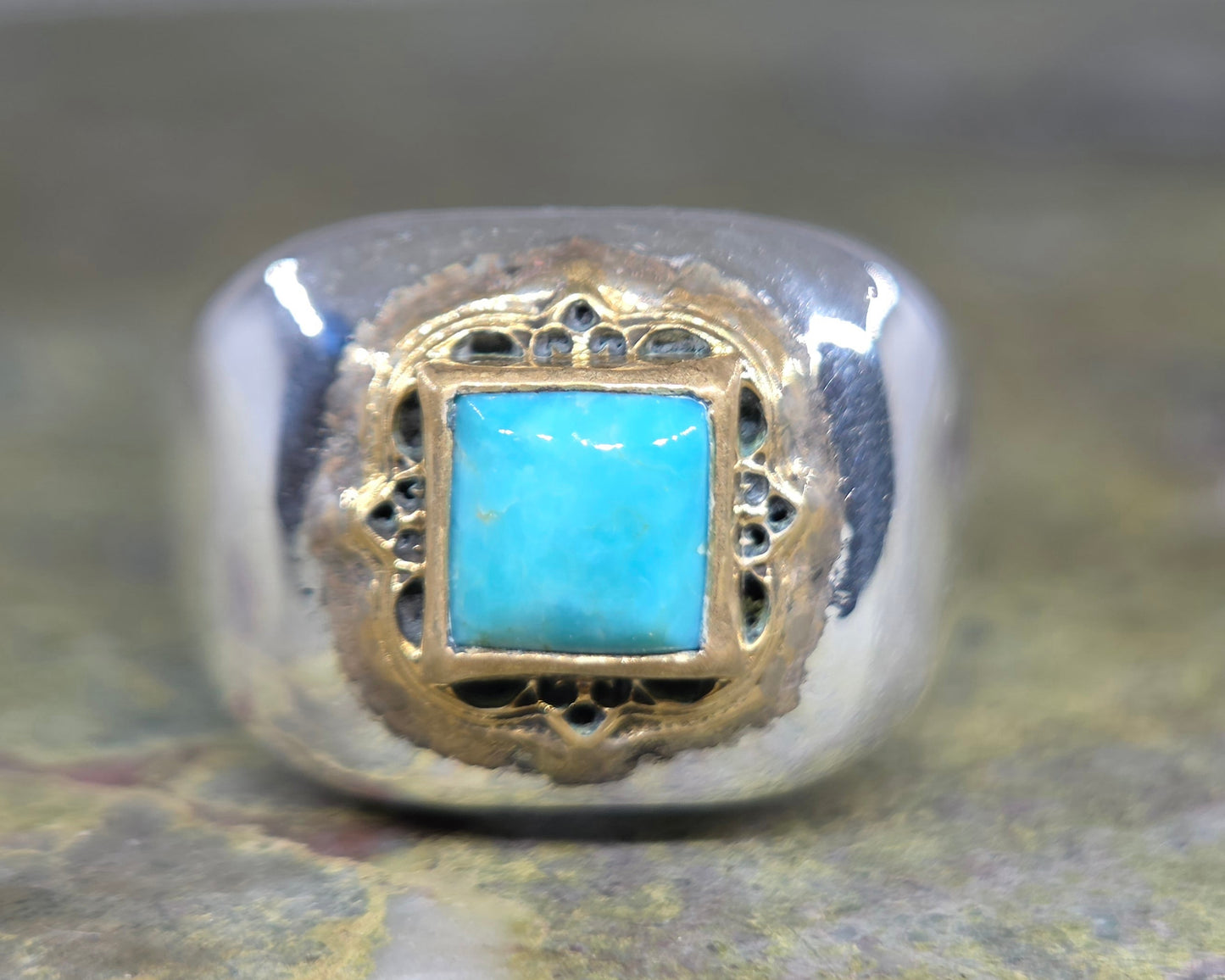 Sterling Silver & Brass Turquoise Gemstone Signet Ring #671