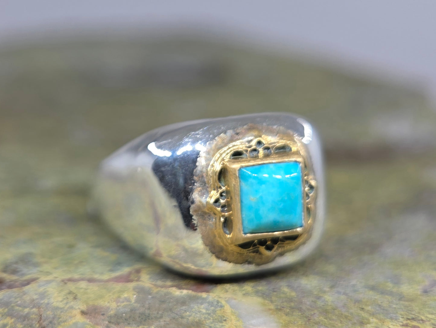 Sterling Silver & Brass Turquoise Gemstone Signet Ring #671