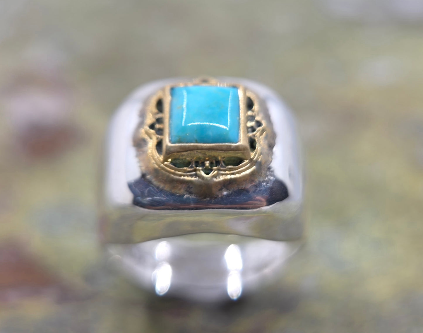 Sterling Silver & Brass Turquoise Gemstone Signet Ring #671