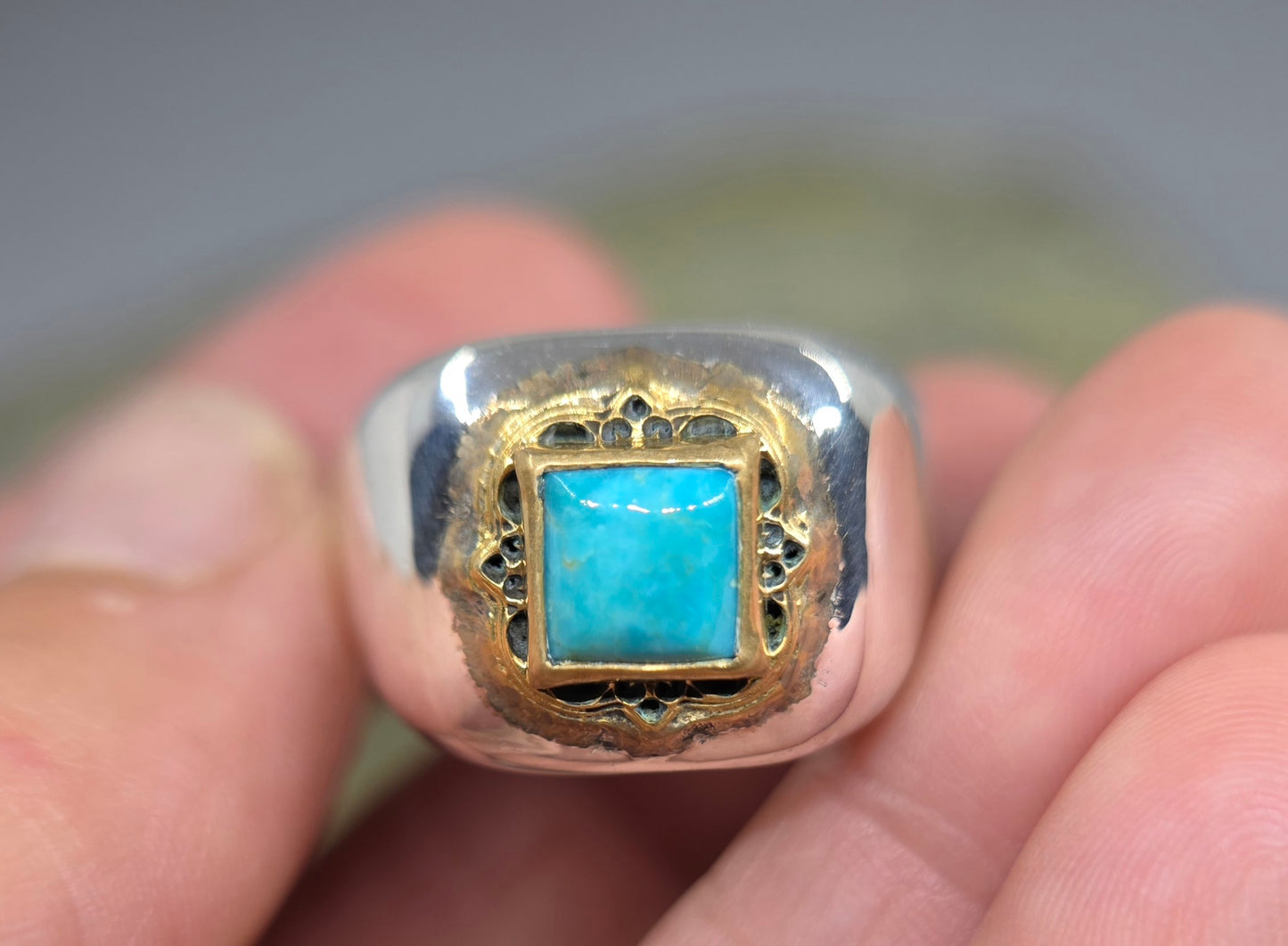 Sterling Silver & Brass Turquoise Gemstone Signet Ring #671