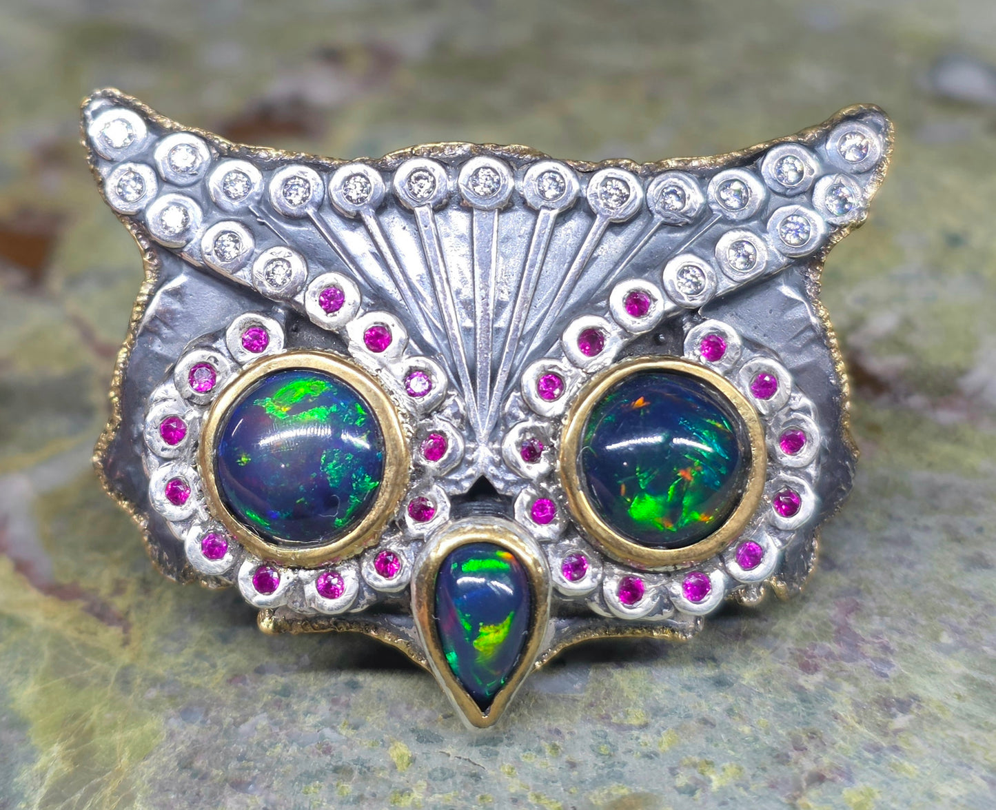 Black Opal Owl Ring Rustic Sterling Silver & Brass #673