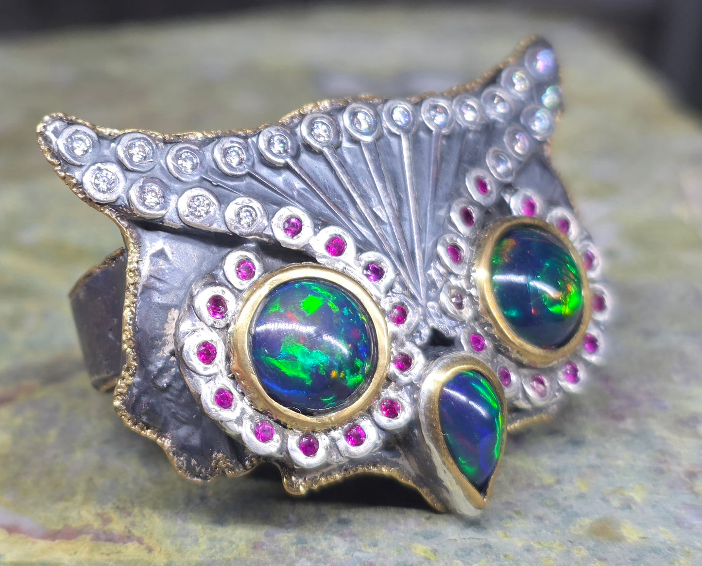 Black Opal Owl Ring Rustic Sterling Silver & Brass #673