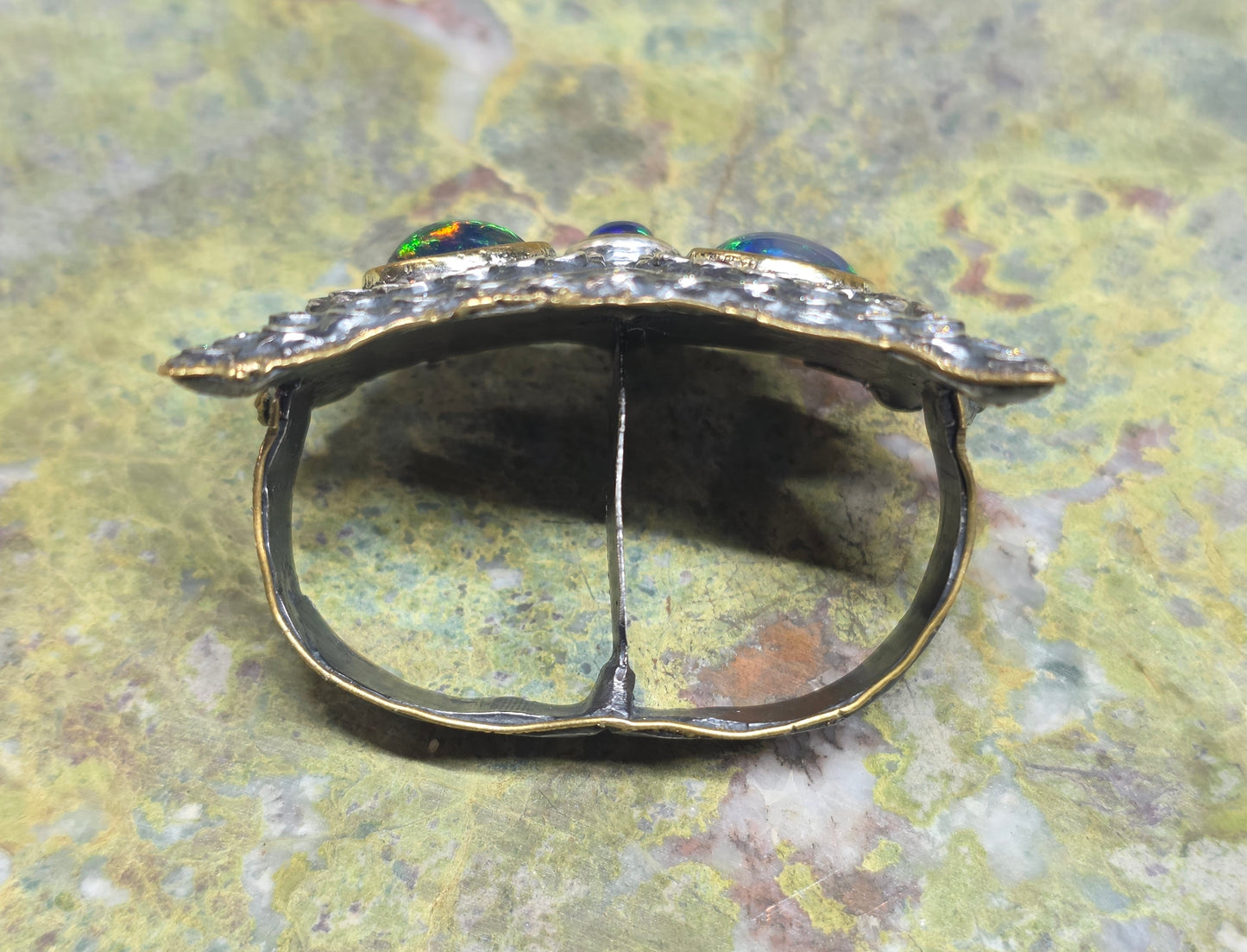 Black Opal Owl Ring Rustic Sterling Silver & Brass #673
